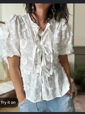 Embroidered Tie-Front White Women's Top